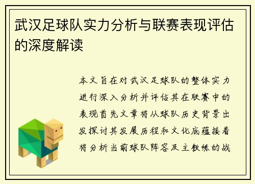 武汉足球队实力分析与联赛表现评估的深度解读